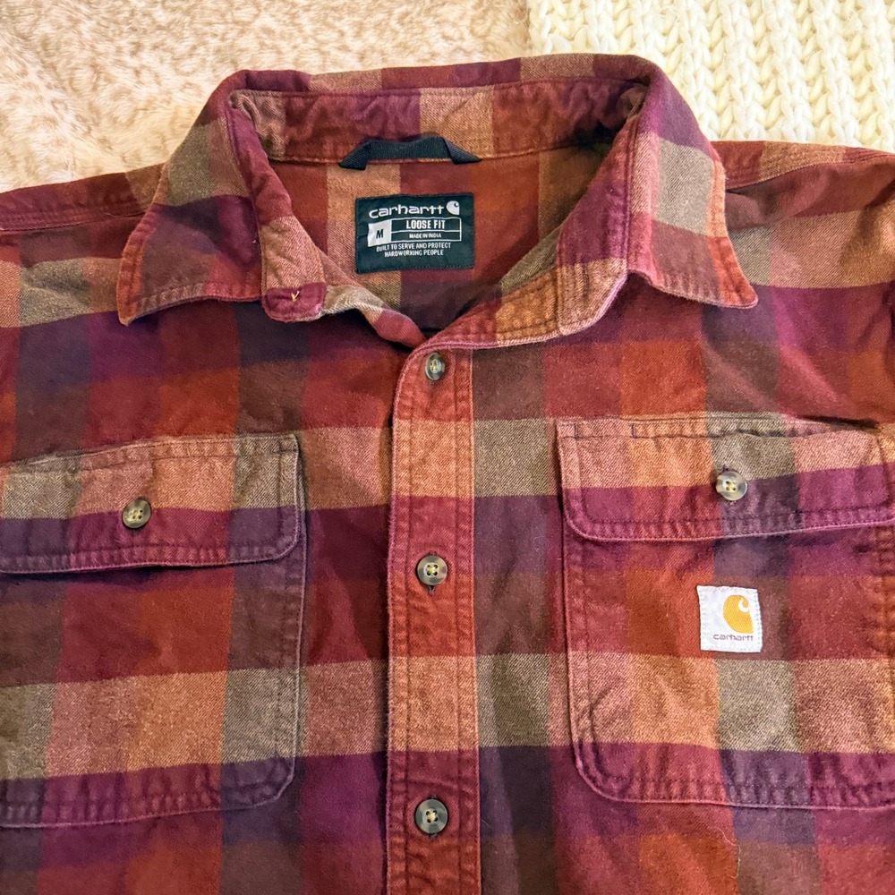 Carhartt Mens Loose Fit Plaid Flannel Button Down Shirt Red Brown Medium 105078 - Picture 2 of 5